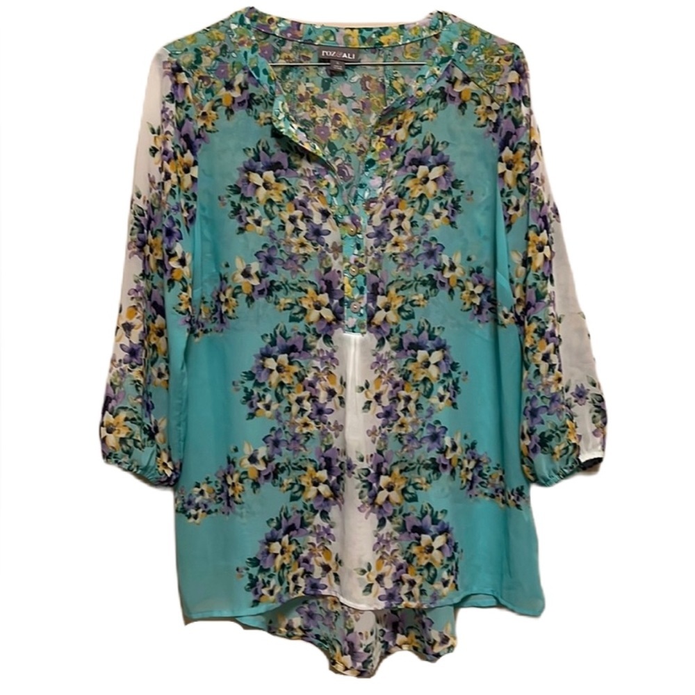 Women’s ROZ & ALI, Floral Print, Bishop Sleeves, High-Low Top, Multi Colors, Sm